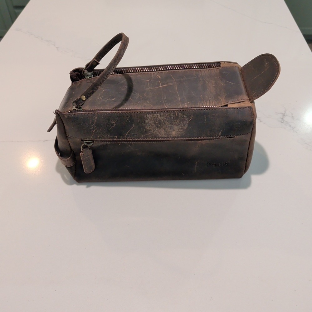 Komalc Premium Leather Men's Toiletry Shaving Bag Travel Dopp Kit
